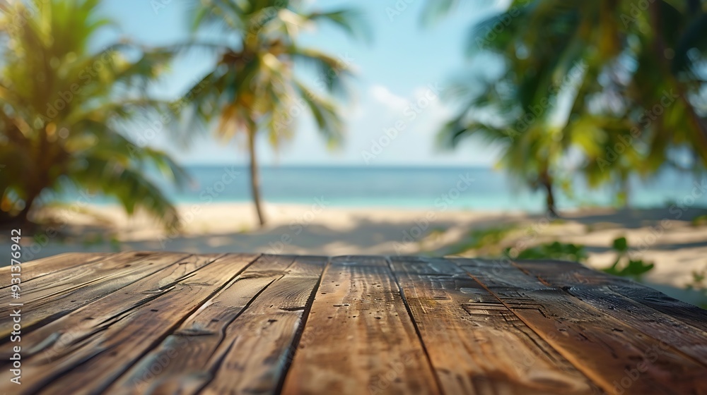 Aufkleber Empty wooden table with blurred beach with coconut trees in the background : Generative AI