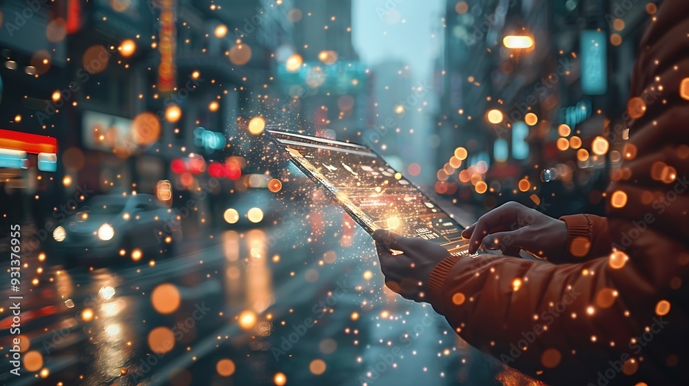 Fototapete Digital technology internet global network technology concept Business man using digital tablet computer with global internet network connection smart city background data exchange eco : Generative AI