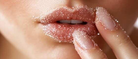 Fototapeta premium Close-up of a Finger Touching a Sugar-Covered Lip