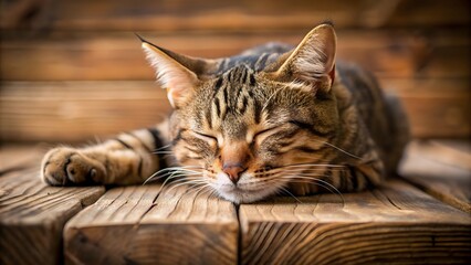 Cute tabby cat sleeping peacefully on wooden table, close-up, tabby cat, cute, sleeping, wooden table, close-up, adorable, fur