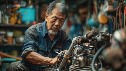 Obraz premium Thai mechanic working on a motorcycle engine, examining the parts closely