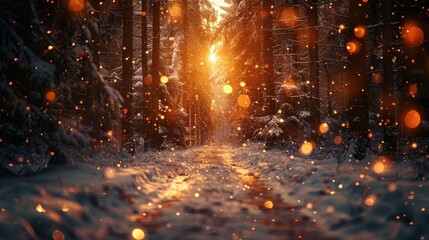 Sunset illuminates a snowy forest path with glowing orbs reflecting winter magic