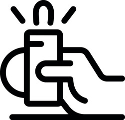 Line art vector icon of a hand holding a smartphone with light flashing from the screen