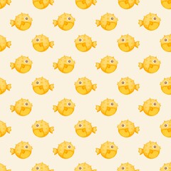 cute yellow puffer fish kawaii seamless pattern background wallpaper