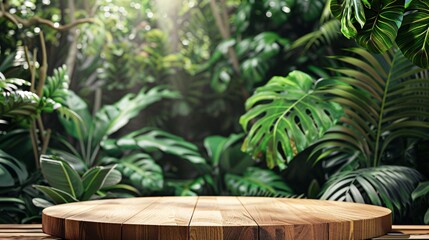 Fototapeta premium 2. Elevated wooden podium set in a tropical jungle, with various tropical plants and trees in the background, creating an ideal environment for showcasing eco-friendly products