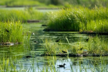A pond with a lot of green grass and a few ducks swimming in it