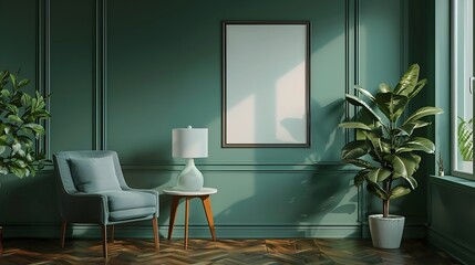 Green living room wall background with grey decorative chair lamp frame middle table and poster style : Generative AI