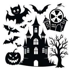 Spooky Halloween Silhouettes with Haunted House Bats Pumpkin Tree and Creepy Castle Icons set