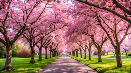 Serene park with blooming cherry blossom trees creating a stunning pink canopy, cherry blossom, trees, park, serene, pink