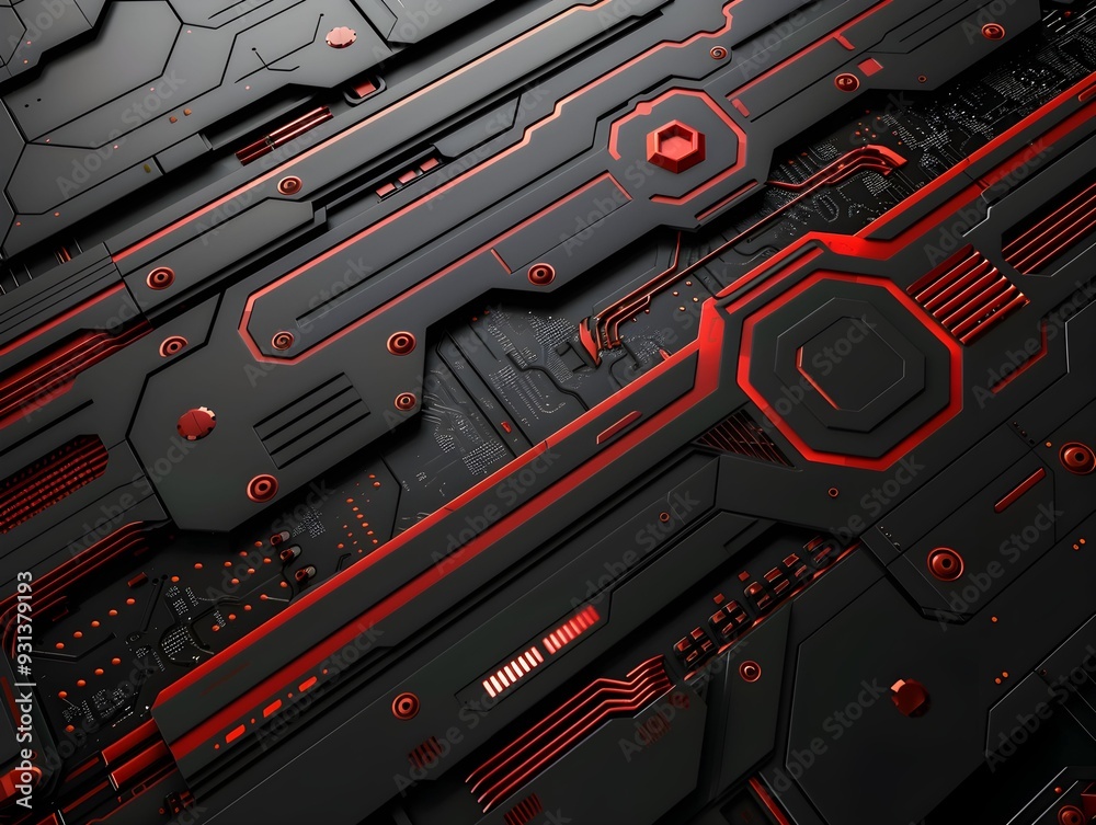 Poster abstract close-up of a futuristic circuit board design with red and black elements in a digital envi