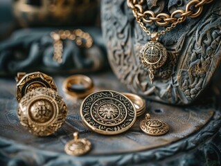 A collection of gold and silver jewelry, including a pendant and a ring