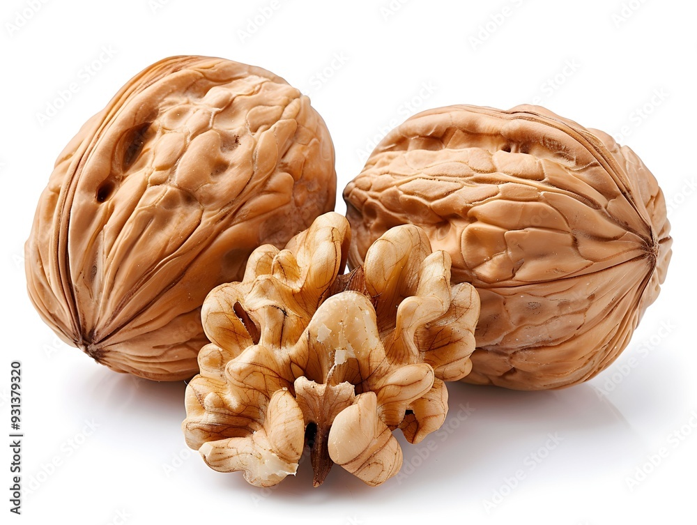 Wall mural Walnut halves and whole walnuts on a white background providing a close-up view of their texture and shape