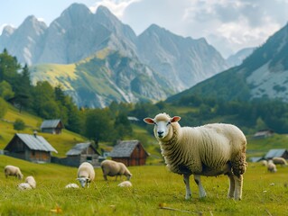 A flock of sheep grazing in the green valley with mountains in the background during the day