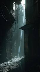A dark alleyway with a light shining down on it