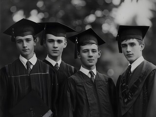 Four graduates in caps and gowns pose outdoors after a ceremony during early 20th century
