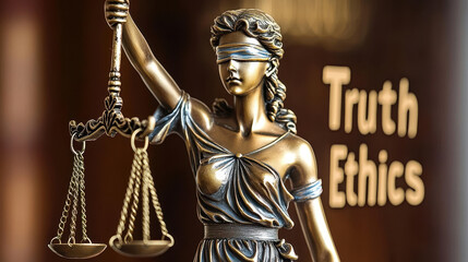 Obraz premium A bronze statue of Lady Justice holding scales, symbolizing fairness and law, with backdrop featuring words Truth and Ethics. expression conveys sense of solemnity and integrity.