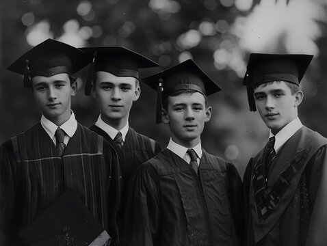 Four graduates in caps and gowns pose outdoors after a ceremony during early 20th century