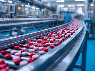 Fototapeta premium Colorful candy manufacturing process in a modern factory at daytime