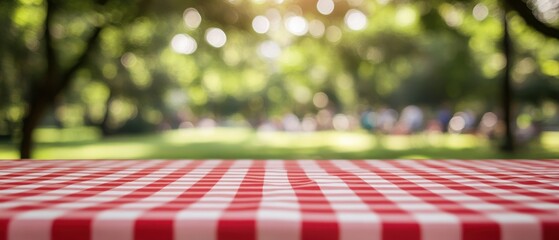 Red and White Checkered Picnic Tablecloth with Blurred Green Park Background