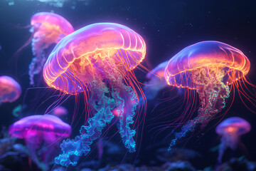 Swarms of jellyfish rendered in neon colors, pulsing and glowing in a dark ocean
