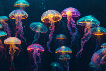 Swarms of jellyfish rendered in neon colors, pulsing and glowing in a dark ocean