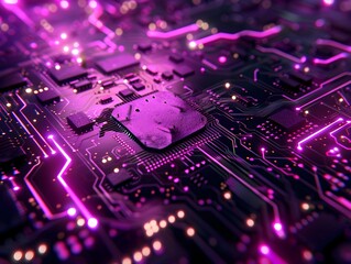 Fototapeta premium Close-up view of a circuit board with vibrant pink and purple lights, showcasing intricate electronic components and connections