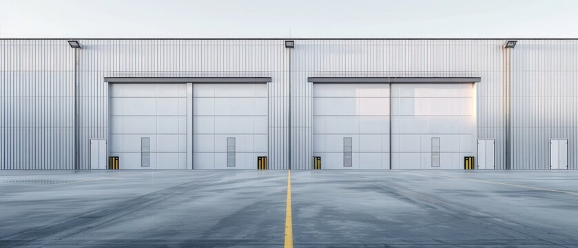 A large empty warehouse with two large doors