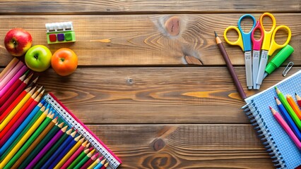 Naklejka premium School supplies arranged neatly on a wooden desk , desk, wooden, school, supplies, stationary, education, organized, neat