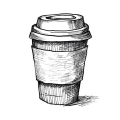 Sketch of Empty Paper Coffee Cup with Black Line Art on White Background in Clean Minimalist CAD Style Drawing