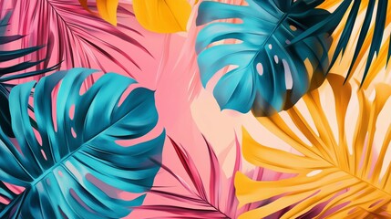 Bold Tropical Abstract Monstera and Palm Leaves Digital Wallpaper - Colorful Design