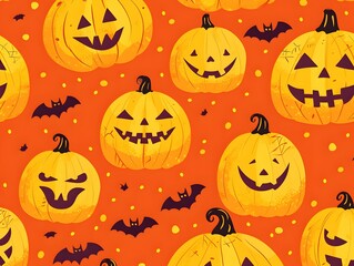 Vibrant Pumpkin and Bat Pattern for Halloween and Festive Postcards