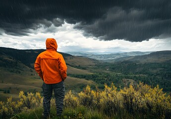 A man in an orange jacket stands on top of the hill and looks at dark storm clouds over a wide valley,