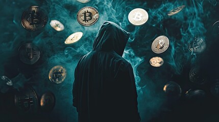 Shrouded figure manipulating floating bitcoins sinister corruption money digital economy shadowy background