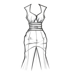 Sketch of Luxury Fashion Woman s Dress in Black Line Drawing Style on White Background