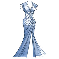 Sketch of Luxury Woman s Blue Dress with Flowing Lines and Geometric Design