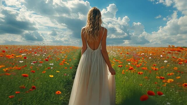 Back view of a long-dressed, white woman in a flower field clutching her dress