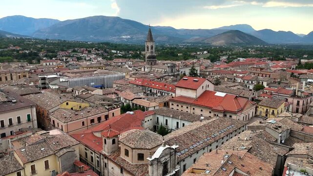 Sulmona, provincia dell'Aquila, Abruzzo, Italia.
Il centro storico e la piazza principale della citt&agrave; vista dal drone.
