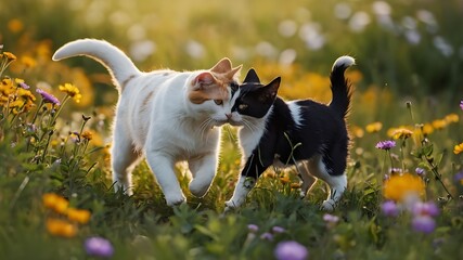 A playful and mischievous cat chasing a frisky puppy through a field of wildflowers. The cat's fur is a striking calico pattern, while the puppy's coat is a fluffy white with patches of caramel and bl