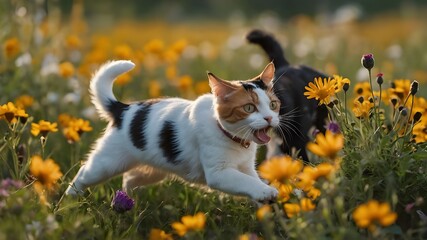 A playful and mischievous cat chasing a frisky puppy through a field of wildflowers. The cat's fur is a striking calico pattern, while the puppy's coat is a fluffy white with patches of caramel 