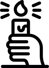 Line icon of a hand holding a lighter that is lit and producing a flame