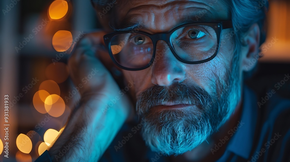 Aufkleber mature man and computer or serious thinking planning and online vision for business review or email 