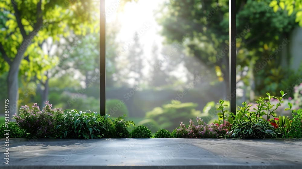 Aufkleber abstract blurred garden view form living room window with concrete table counter background for show  promote design banner ads on display concept : Generative AI
