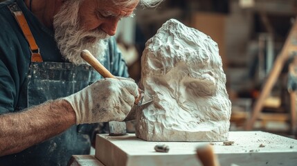 A sculptor intently chisels a stone block, revealing intricate details in the workshop filled with creative energy