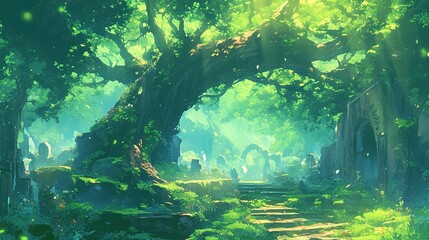 Lush anime forest with ancient trees vibrant green foliage and hidden paths matte colors and soft dappled sunlight
