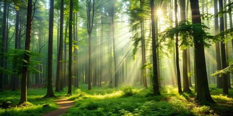 Fototapeta premium Peaceful morning in a dense forest , nature, trees, mist, fog, sunlight, tranquil, serene, beauty, wilderness