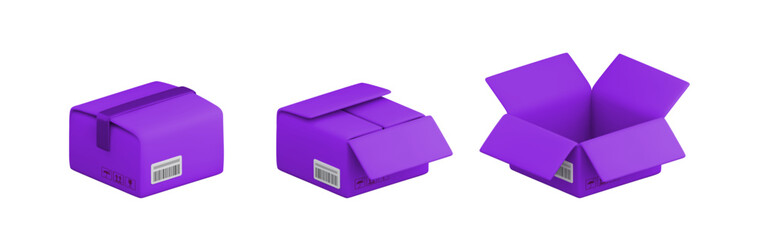 Vector cartoon 3d closed and opened purple carton box set. Cute realistic package isolated on white background. 3d render cardboard box with cargo packaging symbols for infographic, delivery app, web.