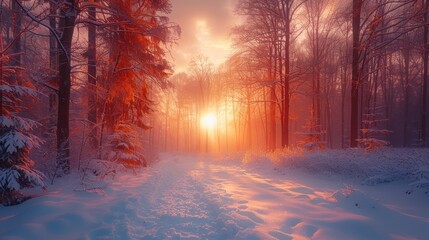 Sunset illuminating a snowy forest path in winter