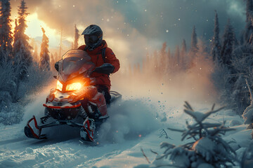 Snowmobile Carving Through Snowy Forest Landscape in Winter Adventure
