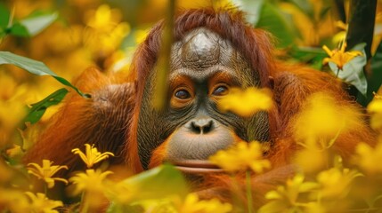 Fototapeta premium Endangered orangutan in fragmented rainforest,