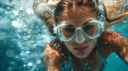 Woman practicing deep water running with a buoyancy belt, aqua jogging workout